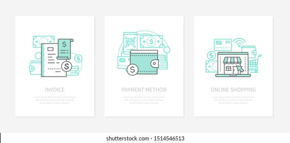 Banking operation - line design style icons set. Invoice, payment method, online shopping linear banners with text space. Financial services, money transaction, digital purchase infographic elements