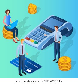 Banking operation.Bank employees in the background of the credit card payment terminal.The concept of Bank payments transfers and inancial activity.Isometric vector illustration.