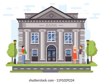 Banking operations. Bank building facade with columns. People carry money to banks or loan, use ATM and send remittances, government roman financial institute or courthouse vector flat illustration