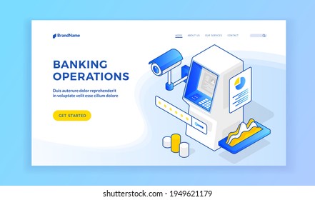Banking operations. Landing page website banner template. Vector isometric illustration of ATM with security camera representing safe electronic financial operations