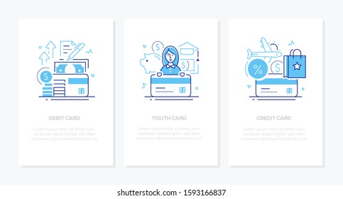 Banking operations - line design style banners set with place for text. Linear illustrations with icons. Debit, youth and credit types of cards. Investment, education, traveling and shopping expenses