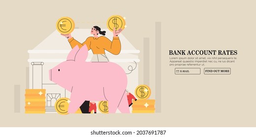 Banking operations, payment , currency exchange, check account, manage deposit or cash money concept for web or ui design. Woman or female character with piggy bank desiding which currency to choose.