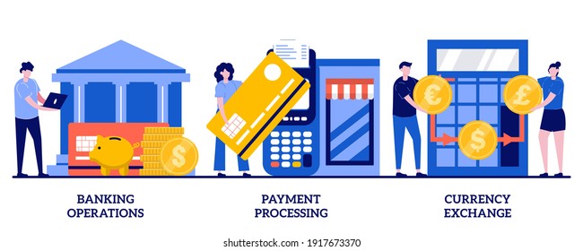 Banking operations, payment processing, currency exchange concept with tiny people. Financial services abstract vector illustration set. Check account, manage deposit, forex broker, cash money.