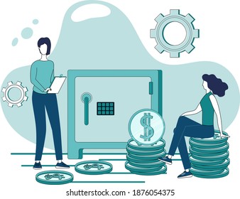 Banking operations.Financial services and operations.The concept of providing banking services and ensuring secure payments.Flat vector illustration.