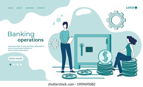 Operaciones bancarias.Servicios financieros y operaciones.Concepto de prestación de servicios bancarios y garantía de pagos seguros.Ilustración vectorial plana.Plantilla de la página de aterrizaje.