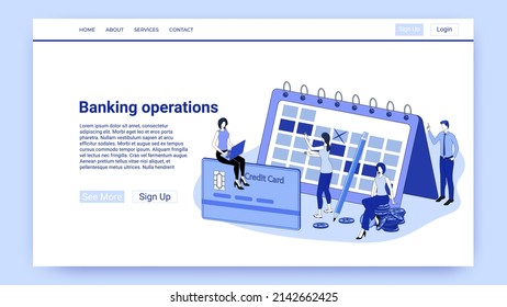 Banking operations.People on the background of a calendar and credit cards calculate bank payments.The illustration in the style of the landing page is blue.