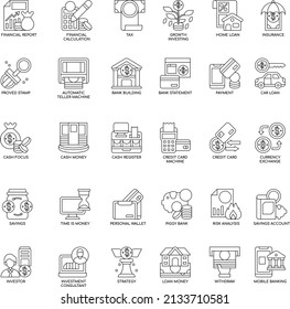 Banking outline flat vector icon collection set