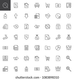 Banking outline icons set. linear style symbols collection, line signs pack. vector graphics. Set includes icons as Percentage, Bill, Mortgage, Shopping card, Percent price tag, Document, Business