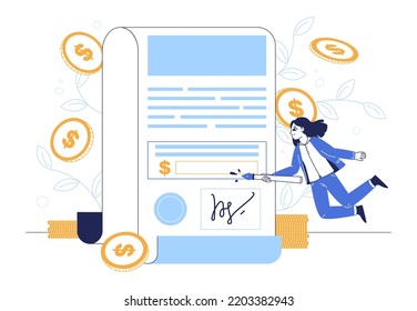 Banking paperwork, business financial contract signing. Check money transaction, people making online signature flat vector illustration. Official bank paper signing