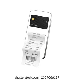 Banking pay online with mobile phone. Wireless payments concept bank card with receipt. Bill on smartphone transaction with credit card and paper check. Vector illustration.