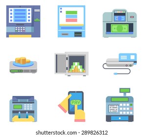 Banking Payment ATM Money Cash Check Machines Flat Icon Isolated Set Vector Illustration