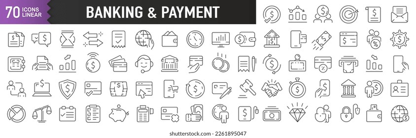Banking and payment black linear icons. Collection of 70 icons in black. Big set of linear icons