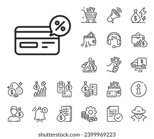 Banking Payment card with Discount sign. Cash money, loan and mortgage outline icons. Credit card line icon. Cashback service symbol. Cashback line sign. Credit card, crypto wallet icon. Vector