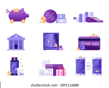 Banking and payment fintech icons in flat design with money cashback, mobile bank transaction, wire payments, credit card and internet shopping for finance management services and applications.