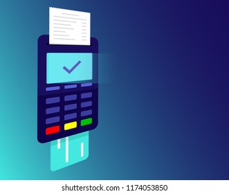 Banking, payment methods and finance related with pos terminal ATM machine, credit card and receipt. Payment approved, success tick symbol on dark Blue Background