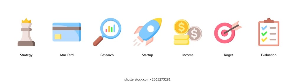 Ilustración vectorial de íconos de Anuncio de Web de Banca y Pagos con Estrategia, Tarjeta ATM, Investigación, Inicio, Ingresos, Objetivo y Evaluación para visualizar la innovación impulsada por las finanzas.