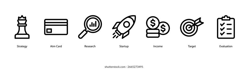 Ilustración vectorial de íconos de Anuncio de Web de Banca y Pagos con Estrategia, Tarjeta ATM, Investigación, Inicio, Ingresos, Objetivo y Evaluación para visualizar la innovación impulsada por las finanzas.
