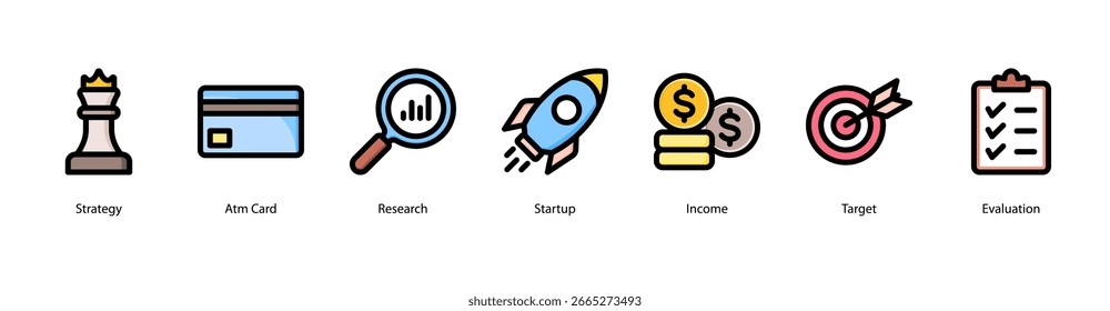 Banking and Payments web banner icon vector illustration featuring Strategy, ATM Card, Research, Startup, Income, Target, and Evaluation to visualize finance-driven innovation.