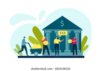 Banking people investing cash money, bank and finance flat vector illustration. Financial operations, banking business, wealth. Investments in bank products. Credits, deposit, exchange.