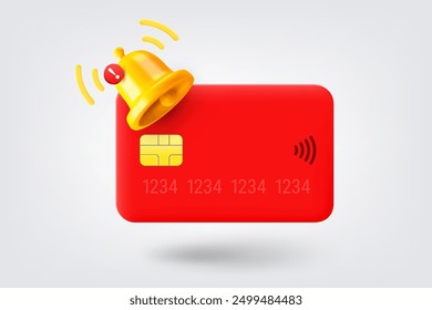 Banking plastic card with notification bell. 3d vector illustration