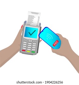 Banking POS-terminal, payment machine with a mobile phone. Contactless payment with NFC technology. Online transaction. Internet banking. Wireless technology. Vector isolated illustration.