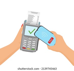 Banking POS-terminal, payment machine with a mobile phone. Contactless payment with NFC technology. Vector isolated illustration.