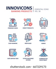 Banking Products - modern vector line design icons set. Premium card, credit product, deposit, cash, mortgage, bond, safe box, stock exchange access and commodities.