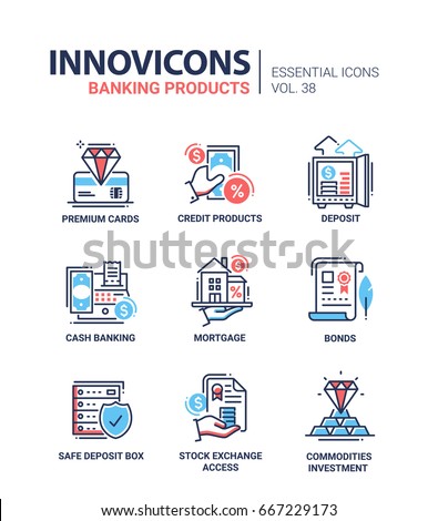 Banking Products - modern vector line design icons set. Premium card, credit product, deposit, cash, mortgage, bond, safe box, stock exchange access and commodities.