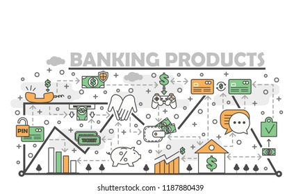 Banking products poster banner template. Vector thin line art flat style design elements, icons for web banners and printed materials.