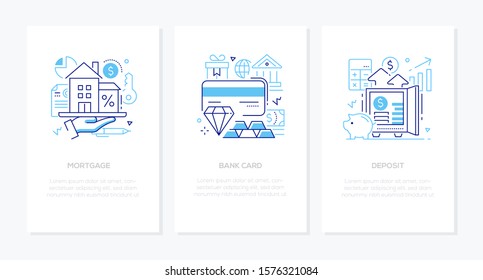 Banking products and services - line design style banners set. Mortgage, credit card, deposit ideas thin line illustrations with place for your text. Financial operations, payment methods themes