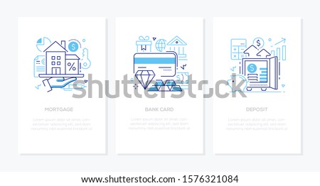 Banking products and services - line design style banners set. Mortgage, credit card, deposit ideas thin line illustrations with place for your text. Financial operations, payment methods themes