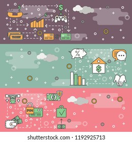 Banking products vector web banner template set. Payment cards and electronic banking, deposit products etc. Banking and financial thin line art flat style design elements, icons, copy space.