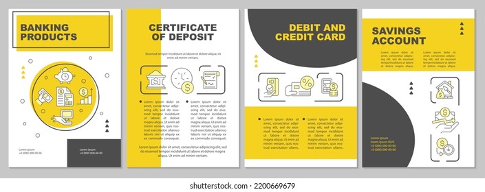 Banking products yellow brochure template. Offers for customers. Leaflet design with linear icons. Editable 4 vector layouts for presentation, annual reports. Arial, Myriad Pro-Regular fonts used