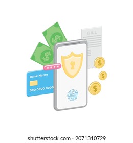 Banking protection of data, payment system, credit cards on Internet, personal information of accounts with 3d coins, cash. Smartphone safe with password, shield, fingerprint. Successful transaction.
