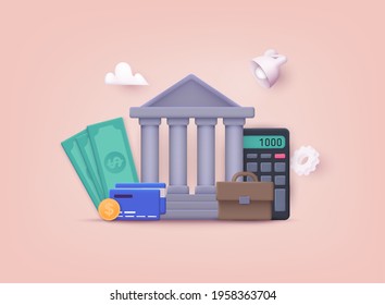 Banking, Purchasing And Transaction, Electronic Funds Transfers And Bank Wire Transfer. 3D Vector Illustrations.