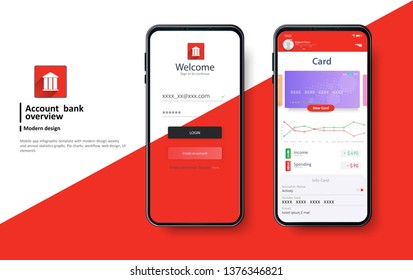 Banking red App UI Kit for responsive mobile app or website  layout including Login. login and password input, home page, payment information, ratings and statistics .Vector flat 