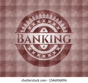 Banking red seamless emblem or badge with abstract geometric polygonal pattern background.