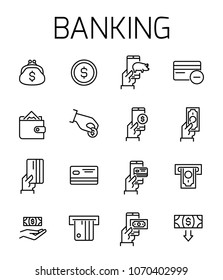 Banking related vector icon set. Well-crafted sign in thin line style with editable stroke. Vector symbols isolated on a white background. Simple pictograms.