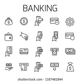 Banking related vector icon set. Well-crafted sign in thin line style with editable stroke. Vector symbols isolated on a white background. Simple pictograms.