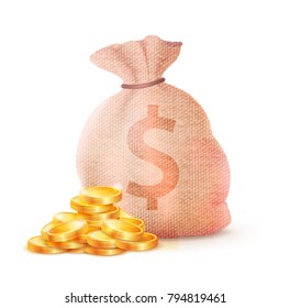 Banking sack full of money and golden coins in front of it vector illustration of savings or earnings symbol isolated on white background, wealth concept