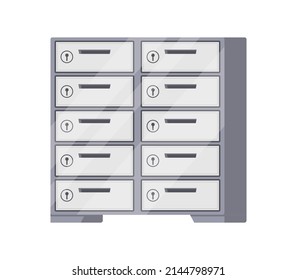 Banking safe deposit cell with closed doors lock isometric icon vector illustration. Confidential bank account security row storage steel archive drawer keyhole depository. Privacy personal protection