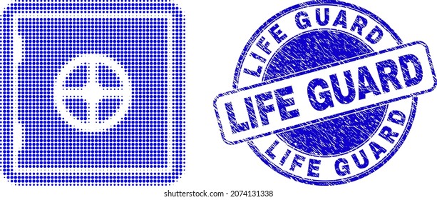 Icono de medio tono seguro para la banca con sello de sello Life Guard. Sello de sello de reborde redondeado de vector azul con leyenda Life Guard dentro de forma redonda. La matriz de iconos seguros para banca de semitono contiene elementos de círculo.