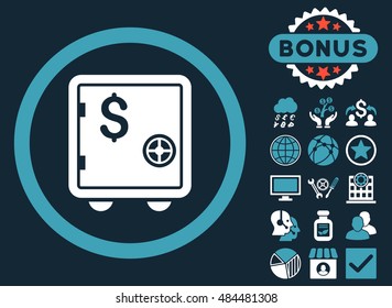 Banking Safe icon with bonus design elements. Vector illustration style is flat iconic bicolor symbols, blue and white colors, dark blue background.