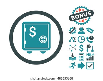 Banking Safe icon with bonus design elements. Vector illustration style is flat iconic bicolor symbols, soft blue colors, white background.