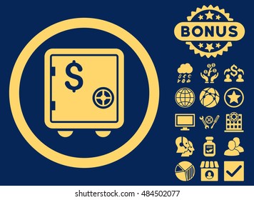 Banking Safe icon with bonus pictures. Vector illustration style is flat iconic symbols, yellow color, blue background.