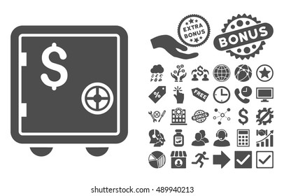 Banking Safe icon with bonus icon set. Vector illustration style is flat iconic symbols, gray color, white background.