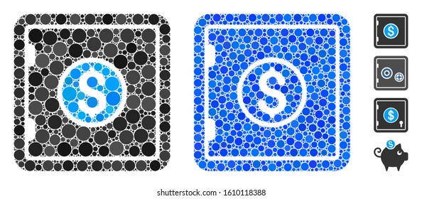 Banking safe mosaic of round dots in various sizes and color tints, based on banking safe icon. Vector round dots are combined into blue mosaic. Dotted banking safe icon in usual and blue versions.