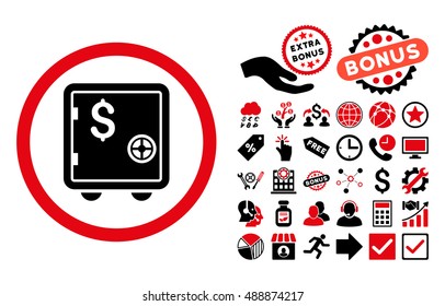 Banking Safe pictograph with bonus design elements. Vector illustration style is flat iconic bicolor symbols, intensive red and black colors, white background.