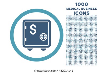 Banking Safe rounded vector bicolor icon with 1000 medical business icons. Set style is flat pictograms, cyan and blue colors, white background.
