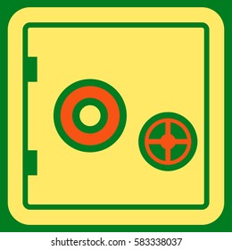 Banking Safe vector icon. Illustration style is a flat iconic bicolor orange and yellow symbol on green background.